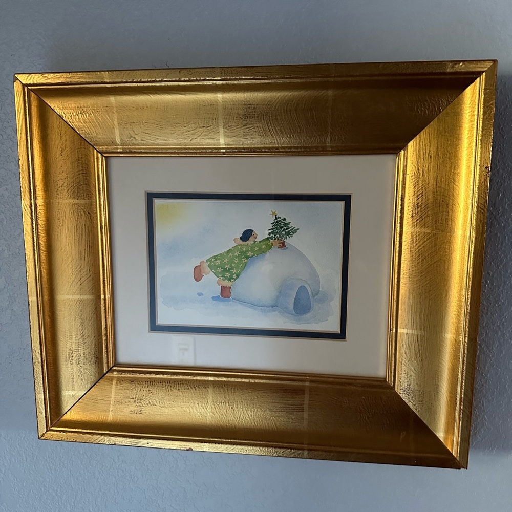 Water Color Painting by Alaskan Artist Christmas Tree on an Igloo